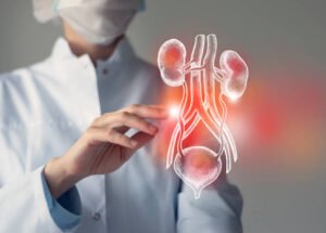 Female doctor touches virtual Bladder and Kidneys in hand. Blurred photo, handrawn human organ, highlighted red as symbol of disease. Healthcare hospital service concept stock photo